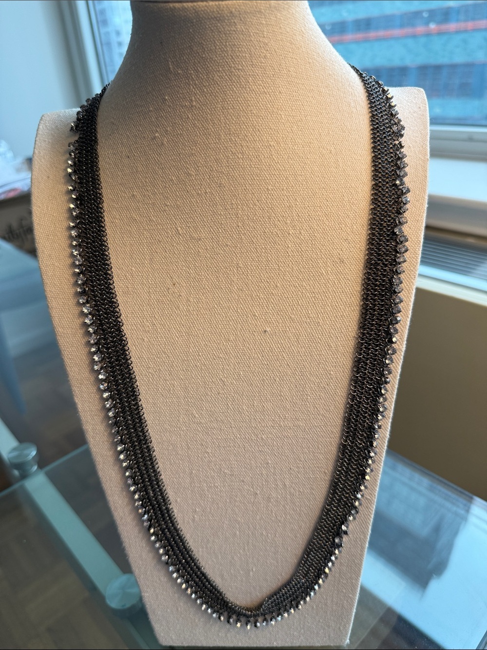 J.Crew Gunmetal Woven Chain Mesh Scarf Necklace w/Clear Rhinestone Trim. Signed.